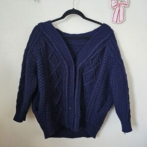 Navy Blue Cable Knit Balloon Women's Sweater